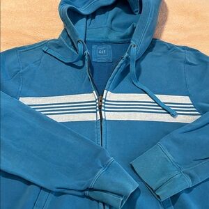 GAP Men's Teal Zip-Up Hoodie with White Stripes